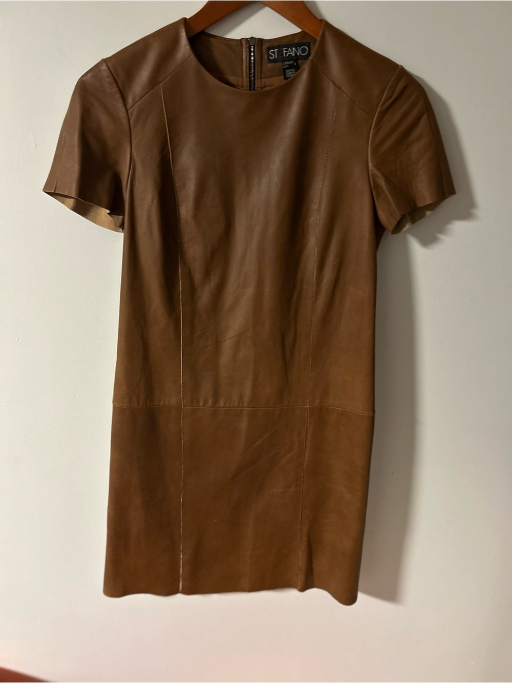 VINTAGE St Fano Genuine Leather Short Sleeve Mini Dress